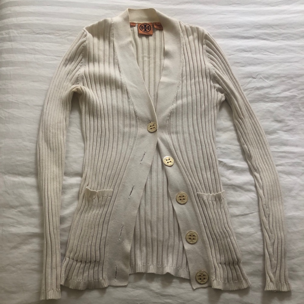 Tory Burch Ivory Cotton Logo Button Cardigan